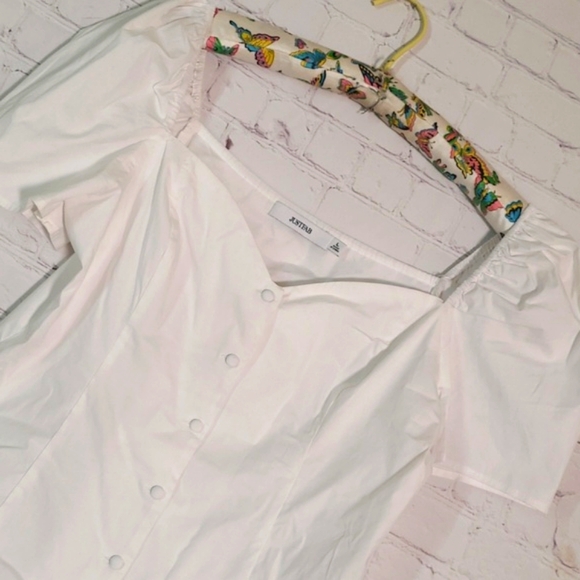 🆕️NWT JustFab White Babydoll Button Front Plunge Top Tee Shirt Womens Size L - Picture 10 of 17